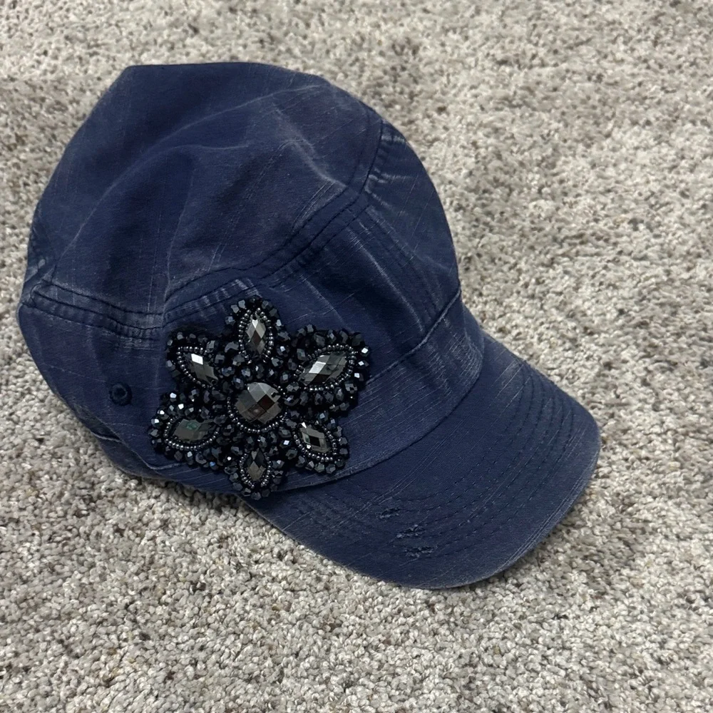 Navy Embellished Military-Style Cap